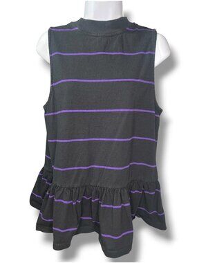 Anthropologie Black & Purple Striped Sleeveless Peplum Top Crew Neckline